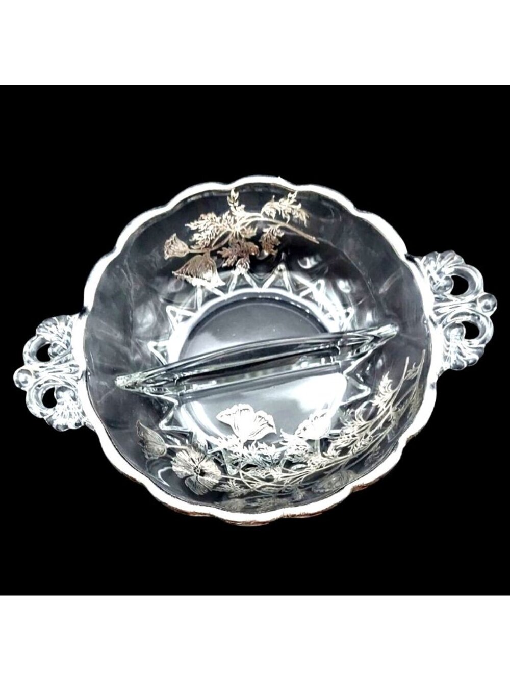 Silver City Glass Divided Dish Flanders Poppy Silver Overlay Scalloped Vintage